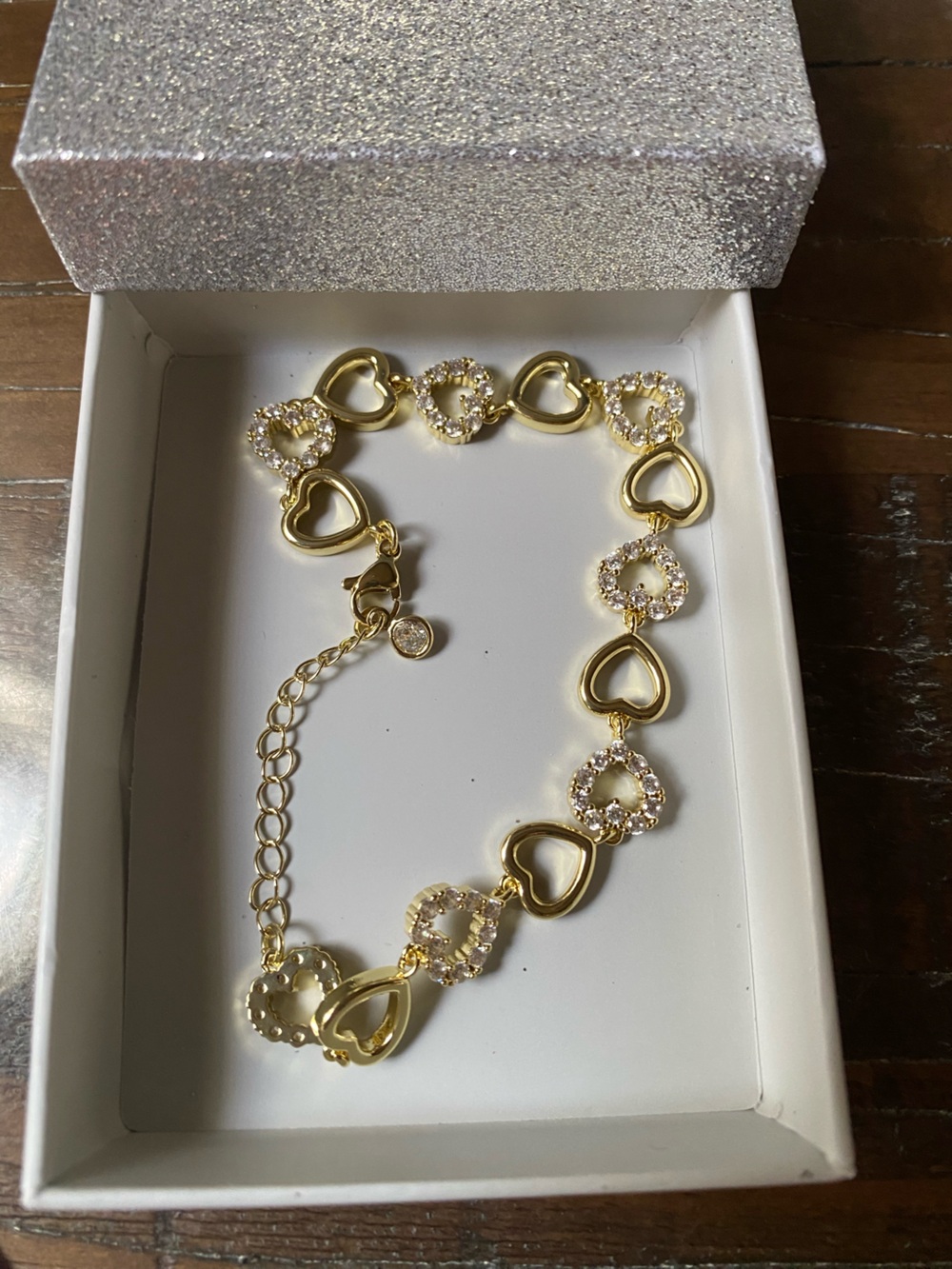 Gold Plated Heart Link Bracelet with Crystal Accents